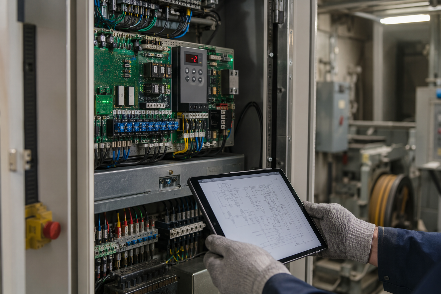 IUEC-certified elevator technician diagnosing a control board fault inside a machine room controller cabinet during an emergency repair call in Texas