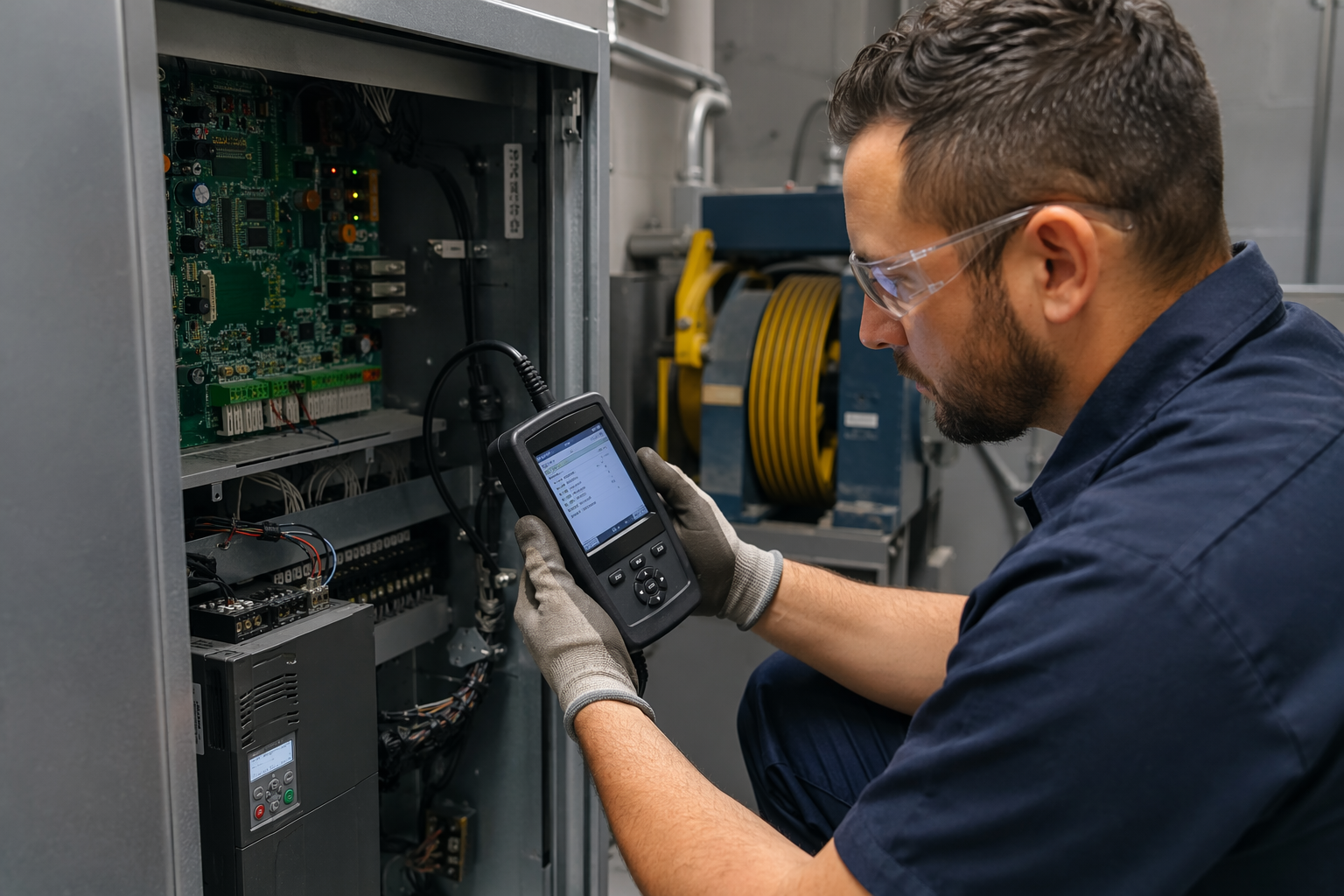 Licensed elevator technician diagnosing a traction elevator controller in a Dallas TX machine room, illustrating why certified elevator service contractors are required for code-compliant maintenance.