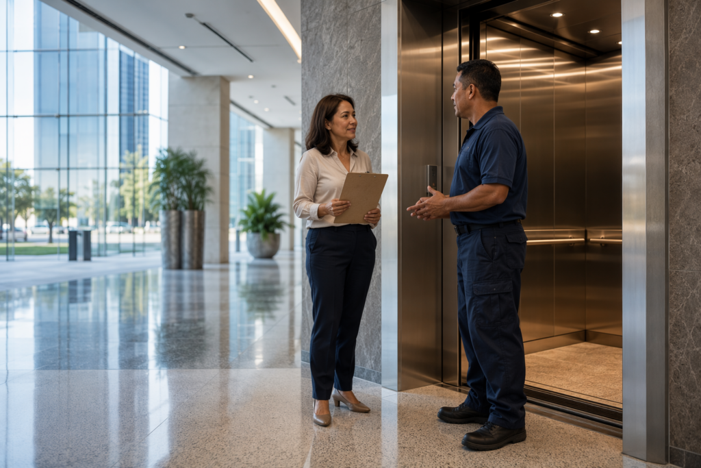 Property manager and licensed elevator technician reviewing elevator maintenance service documents in a Houston commercial office building lobby, discussing who to contact for elevator maintenance cos