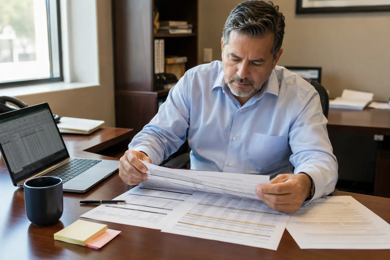 Building facilities manager in San Antonio reviewing an elevator maintenance contract proposal with itemized cost factors, evaluating pricing tiers for a commercial elevator service agreement.