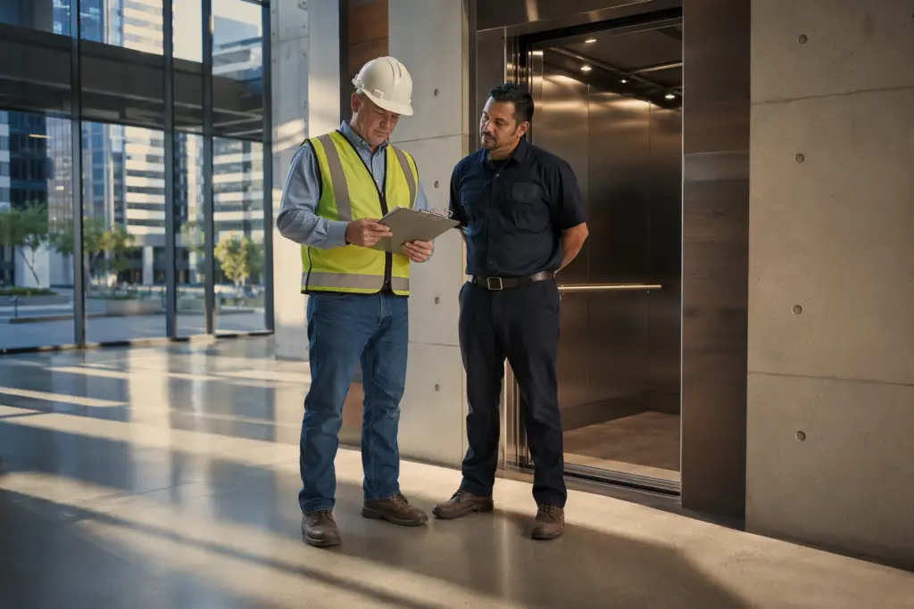 State-licensed elevator inspector reviewing annual inspection checklist with a certified elevator technician in a Houston TX commercial office building lobby.