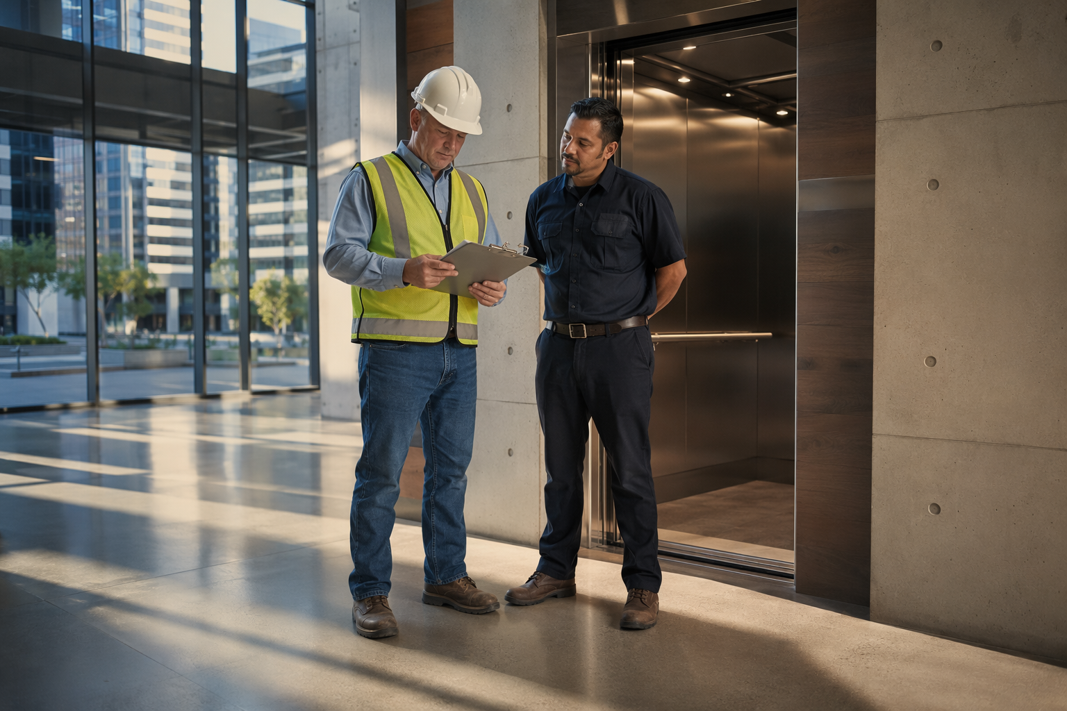 Annual Elevator Inspection — Houston Commercial Building State-licensed elevator inspector reviewing annual inspection checklist with a certified elevator technician in a Houston TX commercial office building lobby.