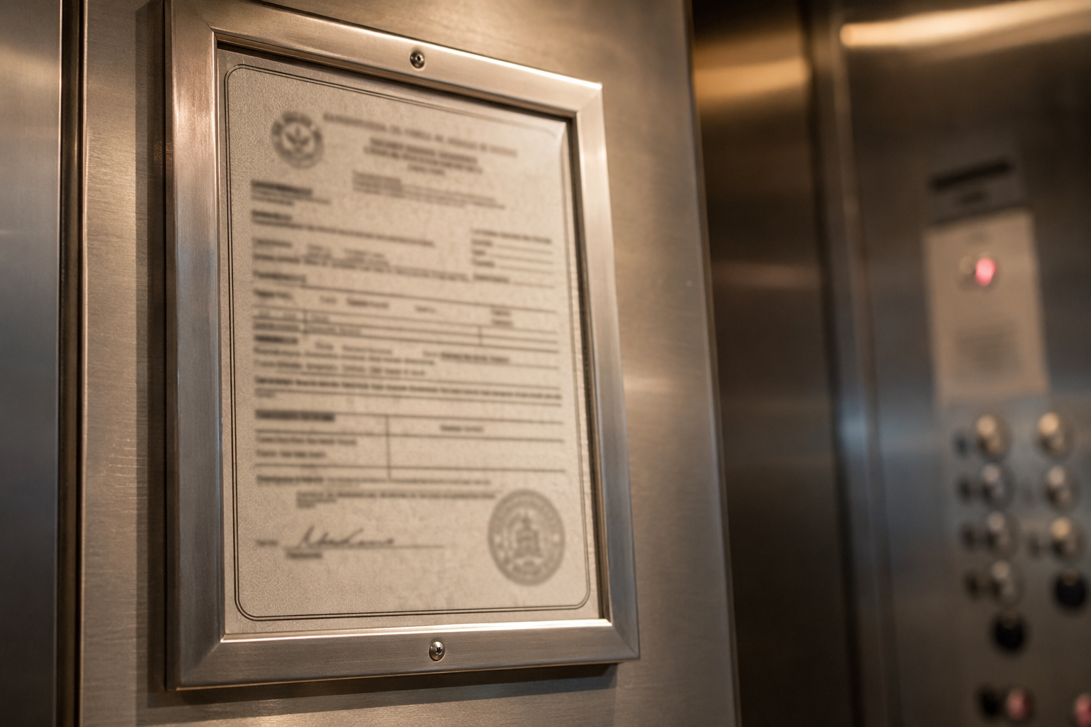Elevator Inspection Certificate — Dallas TX Office Building Official annual elevator inspection certificate mounted inside a Dallas TX commercial elevator cab, required by ASME A17.1 and state elevator safety law.