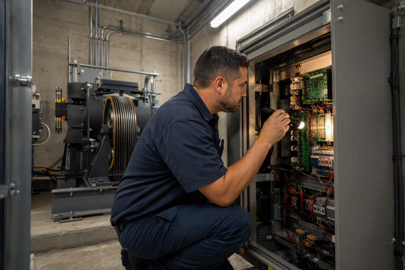 Elevator Machine Room Maintenance — San Antonio TX Certified elevator technician inspecting machine room controller equipment during a routine maintenance visit at a San Antonio TX commercial building.