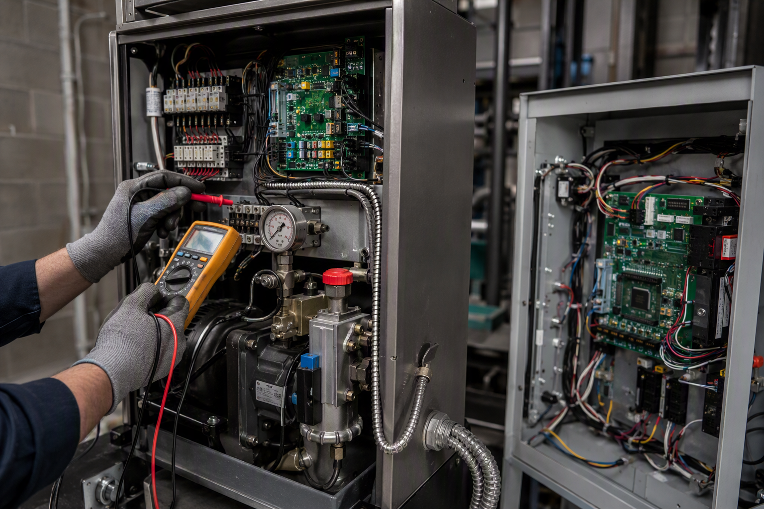 Elevator machine room controller and hydraulic power unit in a Houston TX commercial building, showing equipment age and type factors that affect yearly maintenance costs.