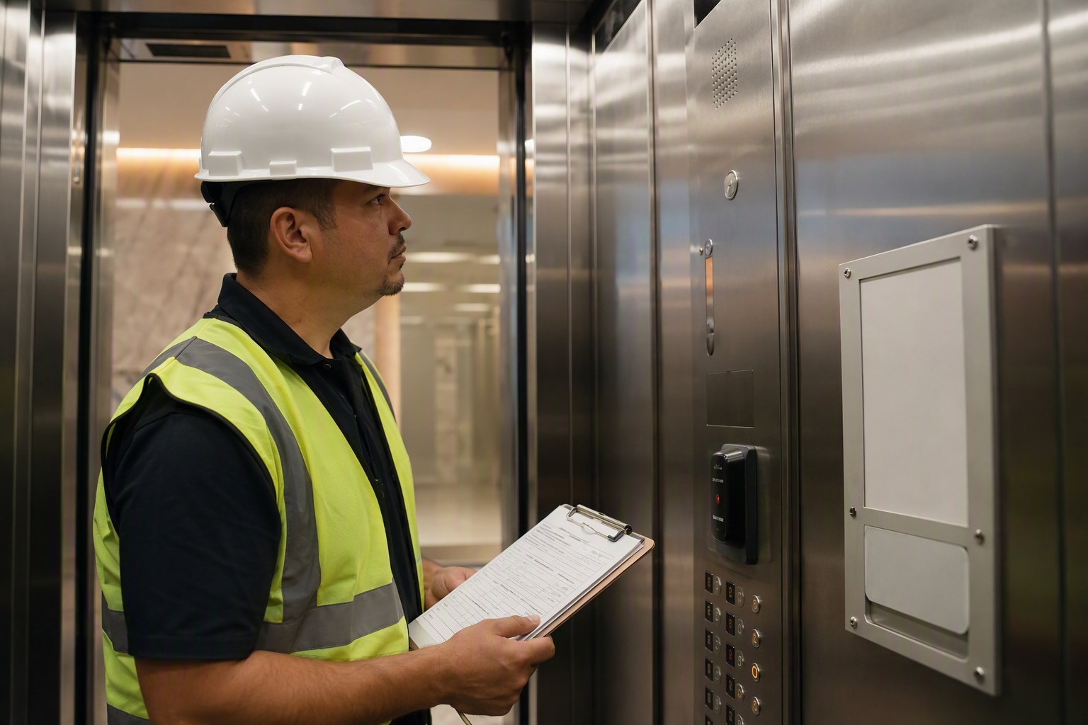Licensed elevator inspector reviewing compliance checklist inside a Houston TX commercial elevator cab, reflecting Texas TDI and ASME A17.1 annual inspection requirements.