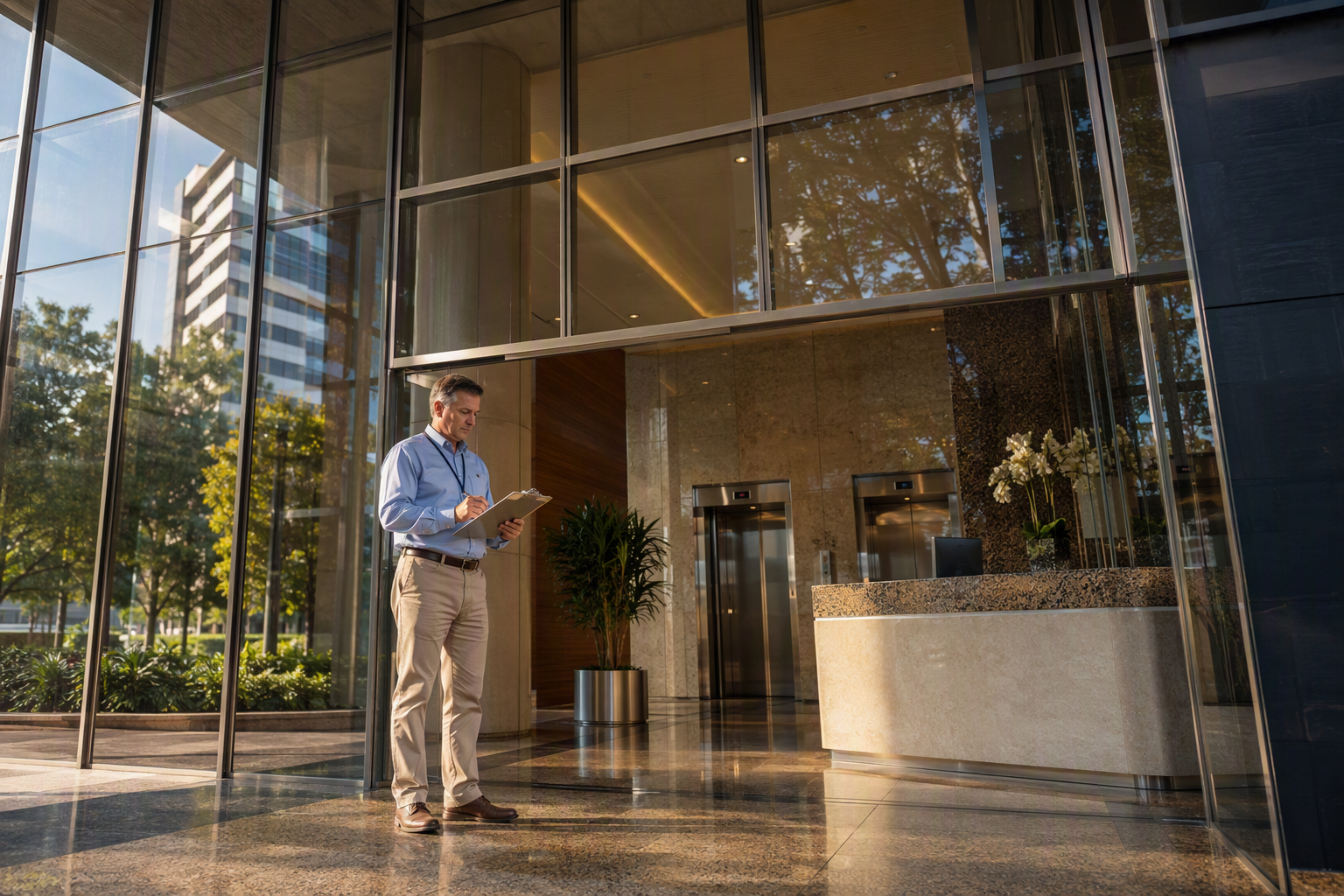 Commercial elevator bank in a Houston TX office building lobby, illustrating annual elevator maintenance cost considerations for building managers.