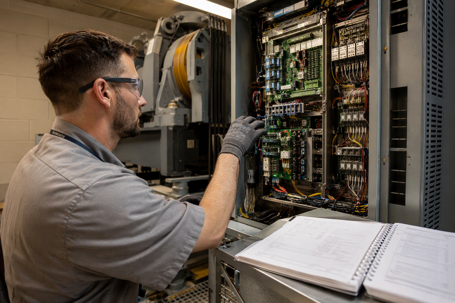 Elevator technician inspecting traction elevator controller in apartment building machine room during ASME A17.1 required periodic maintenance service