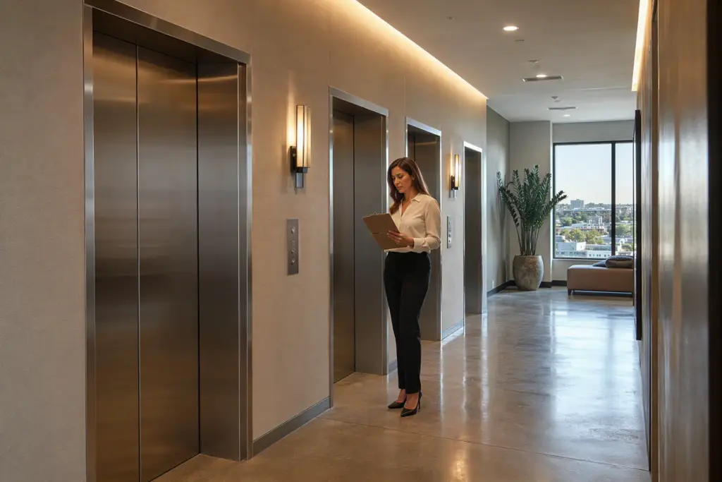 Property manager reviewing elevator maintenance schedule in a modern multifamily apartment building corridor with three stainless-steel elevator doors in Houston TX