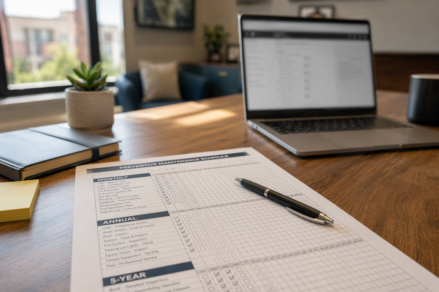 Building manager's desk with preventive elevator maintenance schedule showing monthly, annual, and five-year service intervals for multifamily apartment building compliance