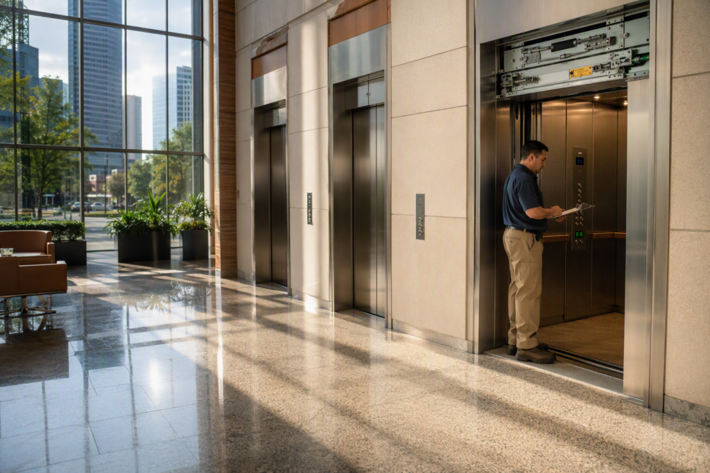 Certified elevator maintenance technician inspecting a commercial elevator in a Houston TX high-rise office building lobby, 2026.