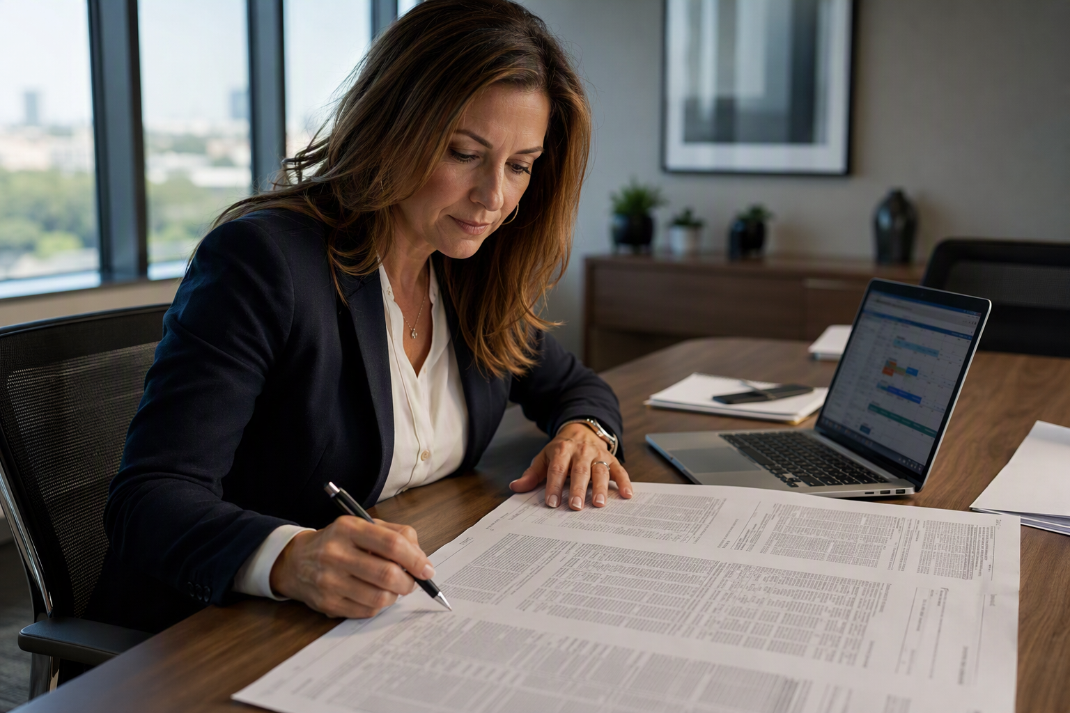 Houston TX building property manager reviewing a comprehensive elevator maintenance plan contract at her office desk.