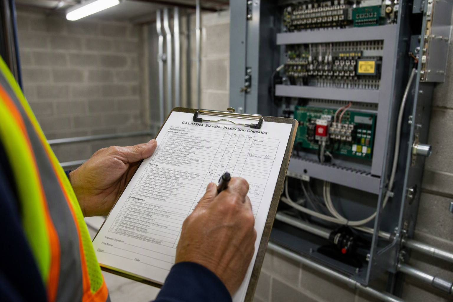 QEI-certified elevator inspector reviewing a Cal/OSHA inspection checklist in a commercial building machine room in San Diego, as required under California Labor Code Sections 7300–7324.2.