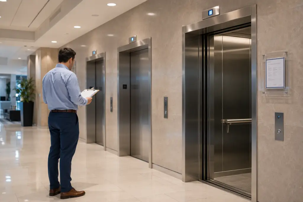 Hospital elevator lobby in Los Angeles showing Cal/OSHA Certificate of Inspection posted beside stainless-steel elevator doors, meeting California commercial building elevator inspection requirements.