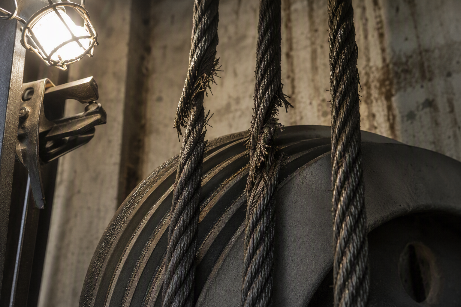 Frayed elevator hoist ropes and worn sheave groove in a Dallas commercial building machine room — abnormal noise warning signs of imminent elevator breakdown.