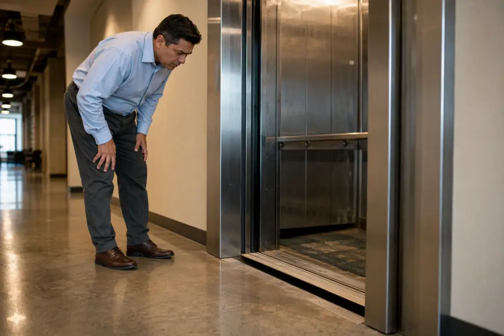 Building manager inspecting a misleveled elevator cab floor — a key warning sign an elevator is about to break down — in a Houston commercial office lobby.