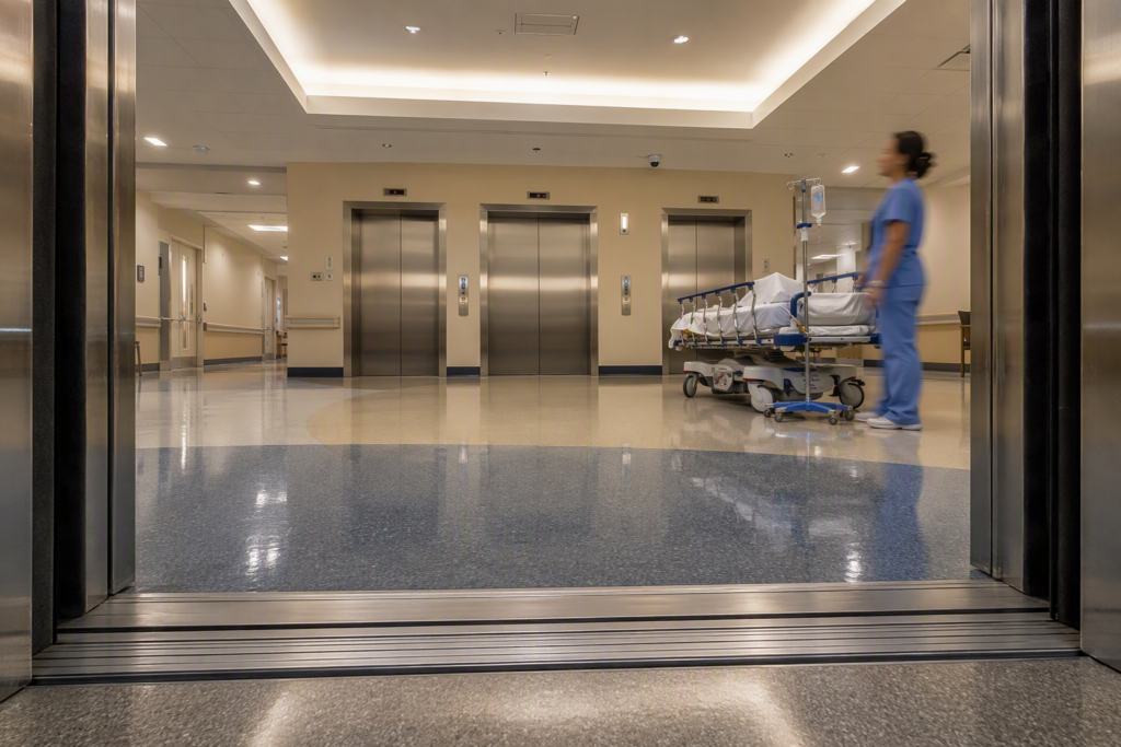 Hospital elevator bank with gurney and IV pole in foreground, illustrating elevator accident risks in healthcare facilities covered by ASME A17.1 safety standards.