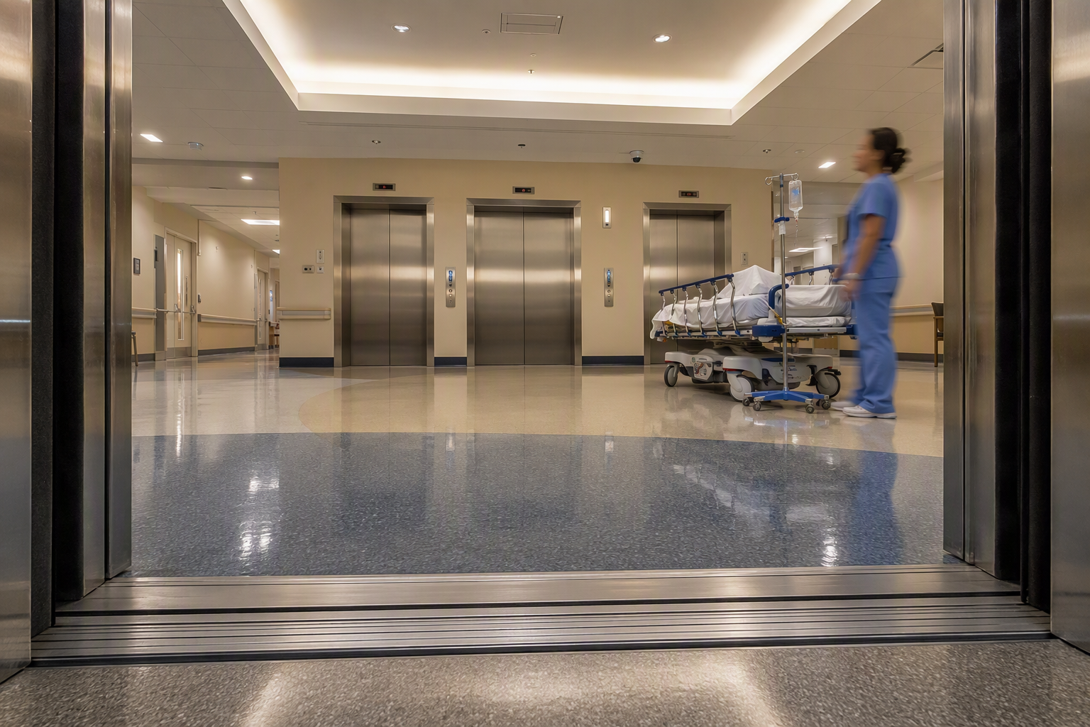 Hospital elevator bank with gurney and IV pole in foreground, illustrating elevator accident risks in healthcare facilities covered by ASME A17.1 safety standards.