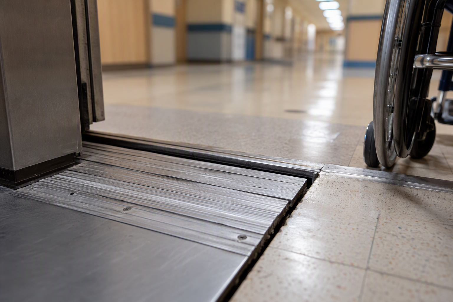 Worn hospital elevator sill plate and threshold gap at floor level, a common cause of elevator accidents and trip-and-fall incidents for wheelchair and gurney users.