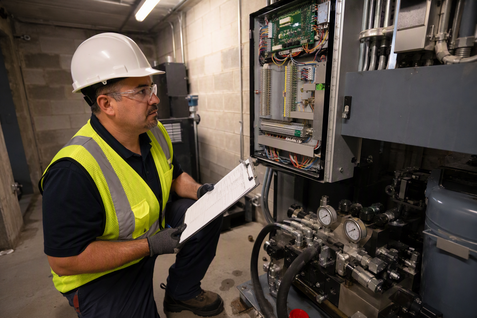 Elevator inspector reviewing hydraulic controller and compliance documentation in a Texas healthcare facility machine room, ensuring ASME A17.1 and state code adherence.