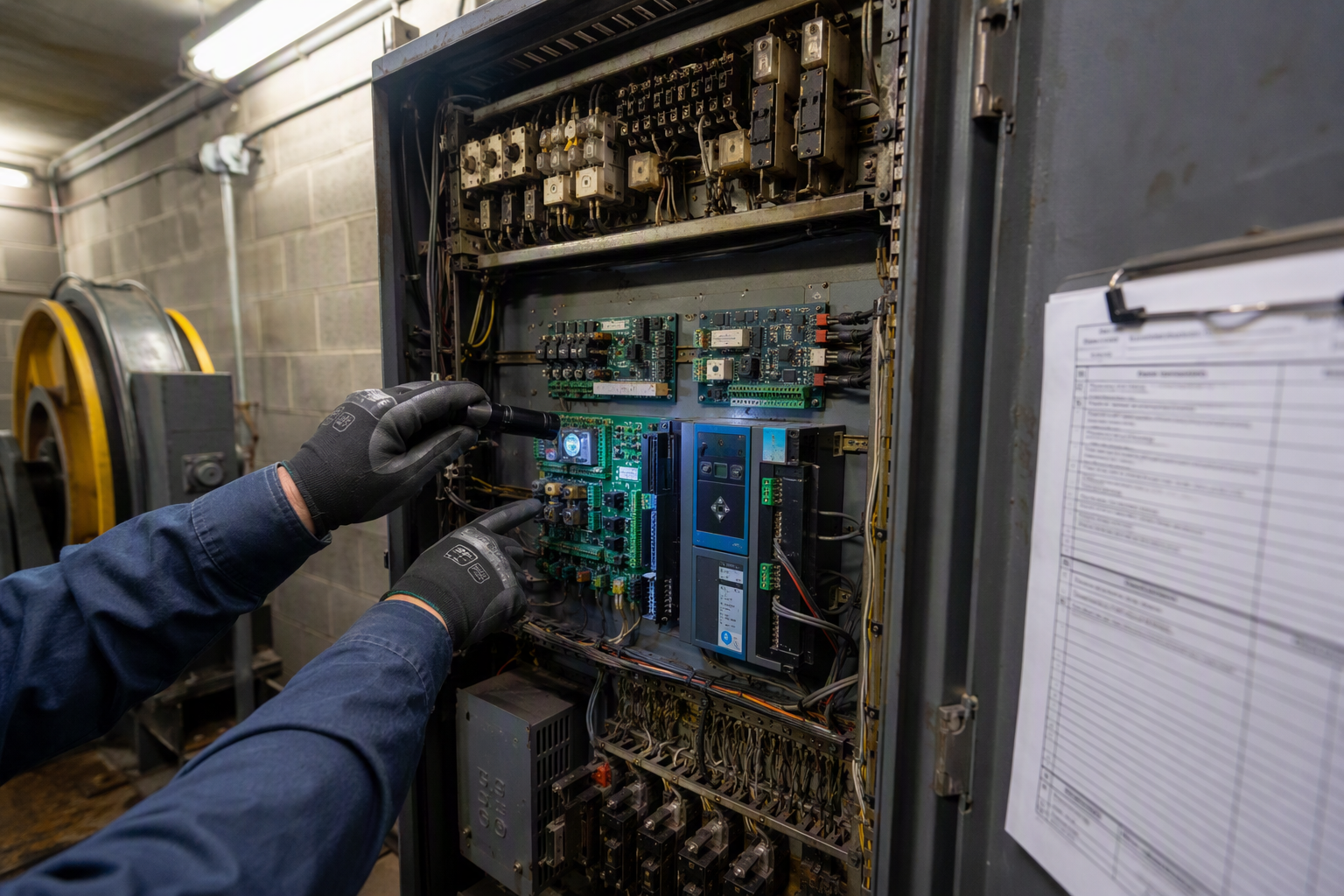 Aging elevator controller cabinet in a commercial building machine room showing components that affect repair reserve budgeting based on equipment age and service life