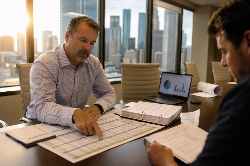Facility manager reviewing elevator maintenance and repair budget line items in a 2027 capital plan spreadsheet at a Houston office conference table