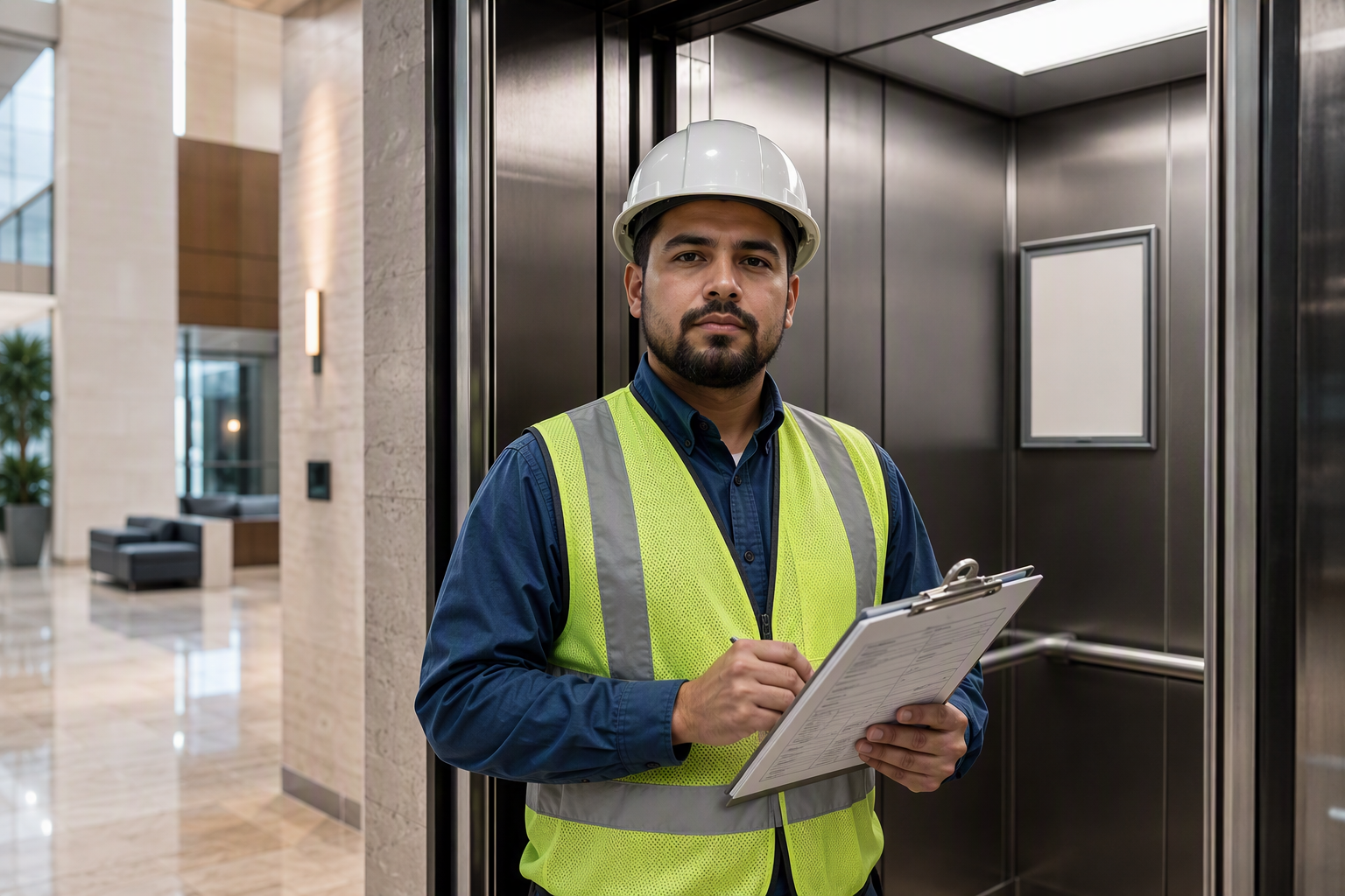 Licensed elevator inspector reviewing compliance inspection documentation inside a commercial building elevator cab in Texas, required annually under state elevator safety regulations