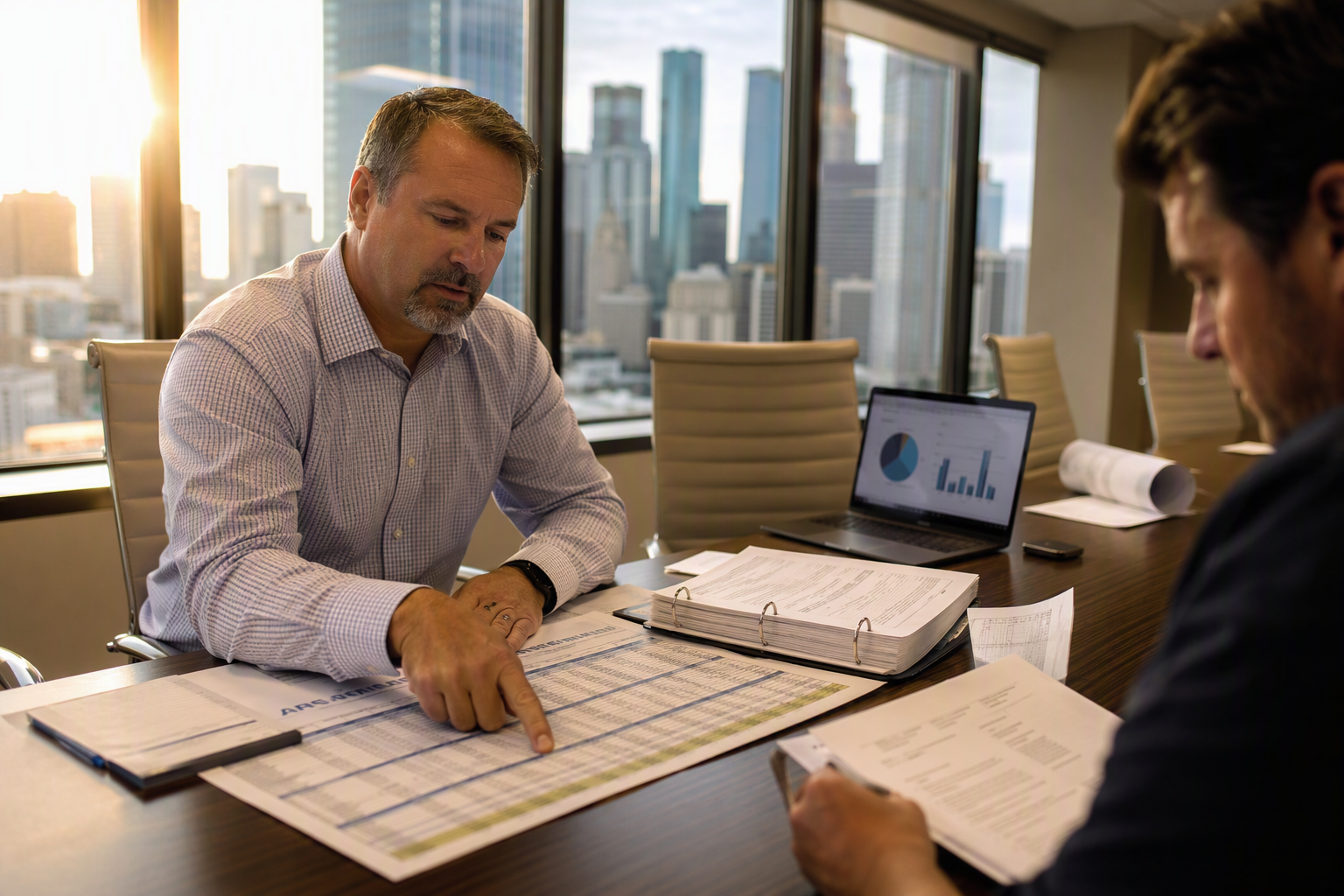 Facility manager reviewing elevator maintenance and repair budget line items in a 2027 capital plan spreadsheet at a Houston office conference table