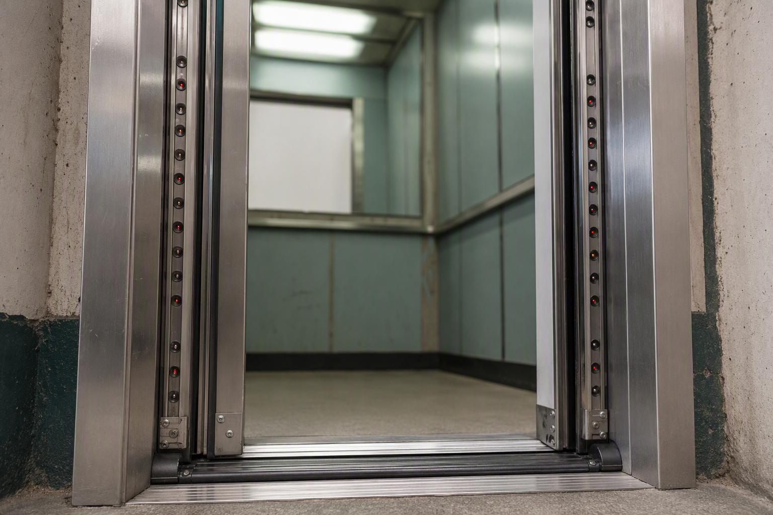 Full-length light curtain door reopening device retrofitted on an older elevator door frame in a San Diego apartment building, a common California code compliance upgrade