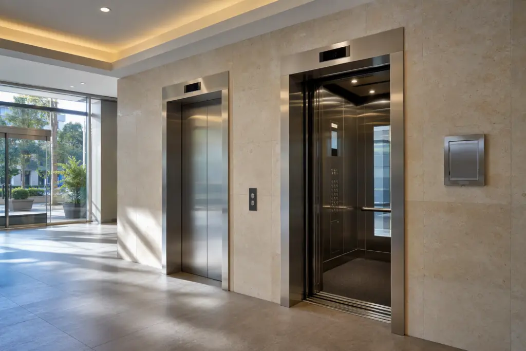 Elevator bank in a Los Angeles commercial building showing updated ADA-compliant cab interiors and stainless steel door frames required for California code compliance