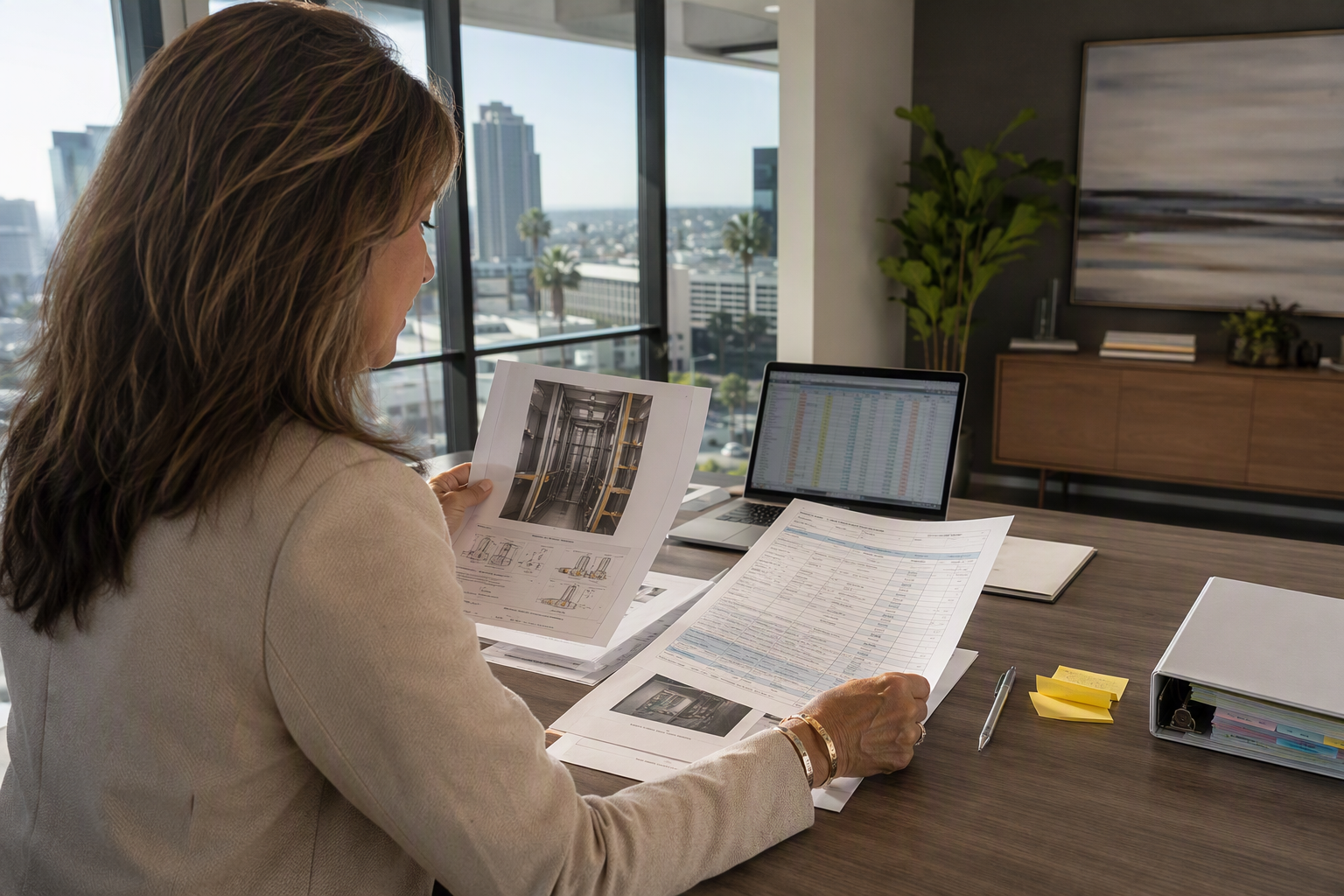 Building manager in a Los Angeles high-rise reviewing elevator code compliance upgrade documents and a California Title 24 modernization checklist at her office desk