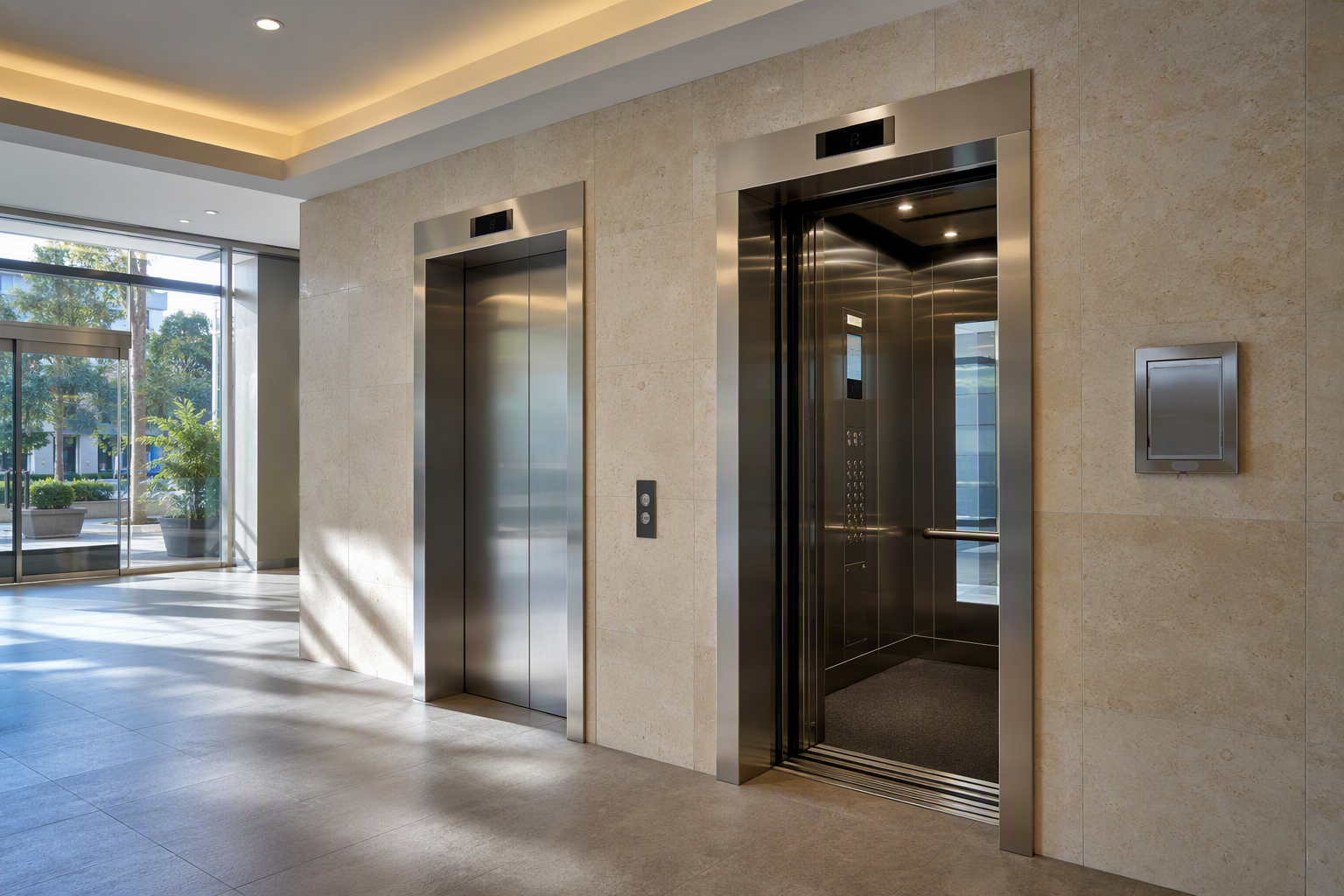Elevator bank in a Los Angeles commercial building showing updated ADA-compliant cab interiors and stainless steel door frames required for California code compliance