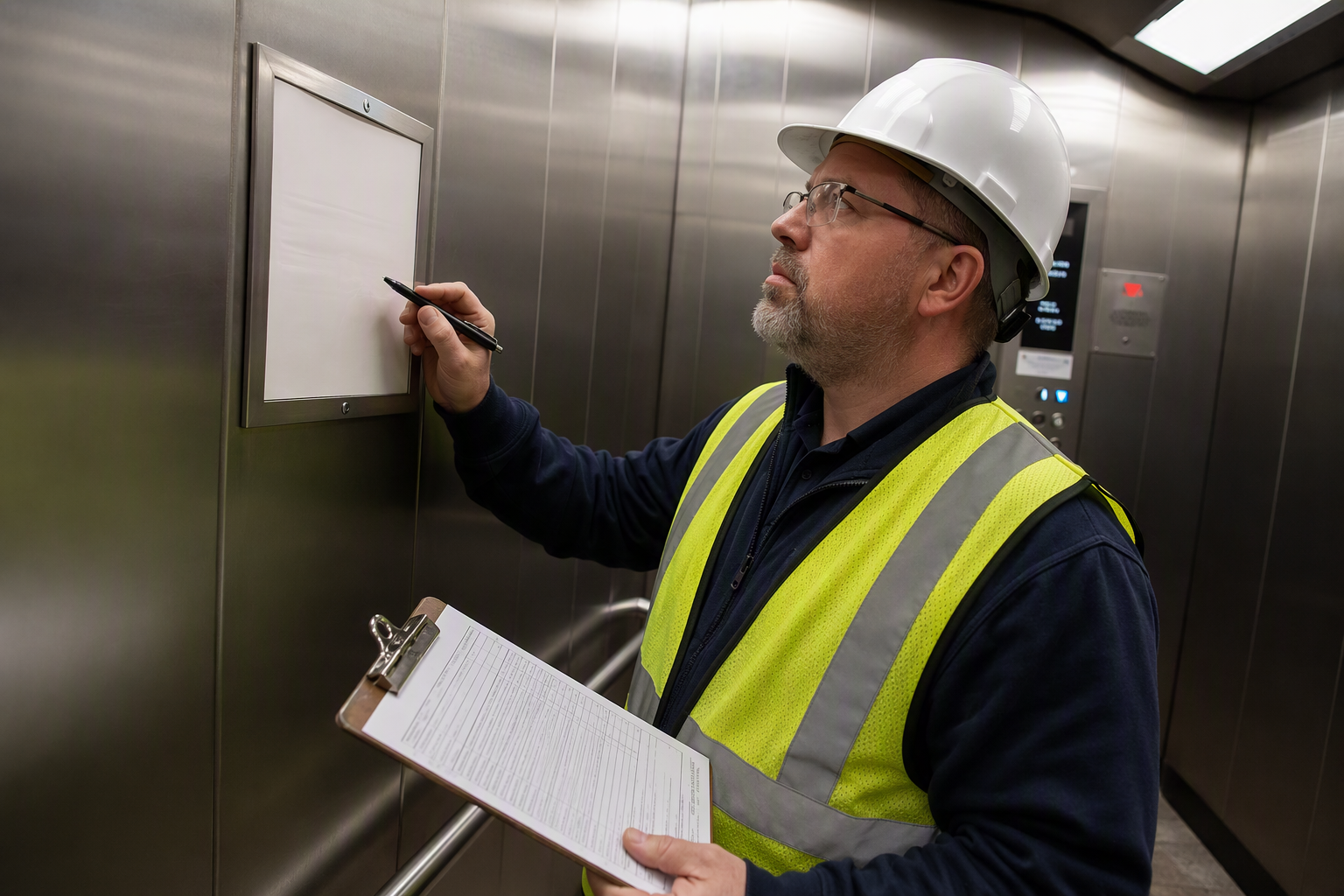 Elevator Inspection Certificate Review Licensed elevator inspector checking inspection certificate and compliance documentation inside a school elevator cab with ASME-required signage holder on stainless steel wall