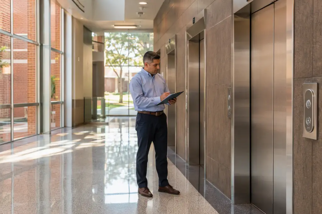 University facility director reviewing elevator compliance documents in a campus building lobby with ADA-accessible stainless steel elevator doors visible in background