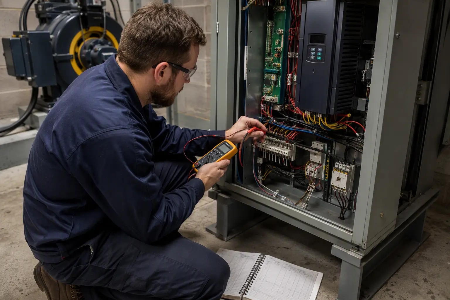 University Elevator Machine Room Maintenance Elevator service technician performing preventive maintenance on a university building machine room controller as part of required school elevator maintenance program