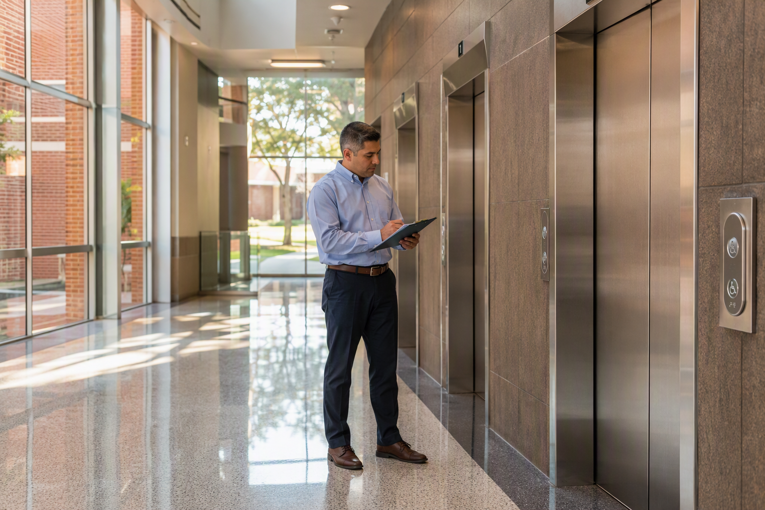 School Elevator Compliance Overview University facility director reviewing elevator compliance documents in a campus building lobby with ADA-accessible stainless steel elevator doors visible in background