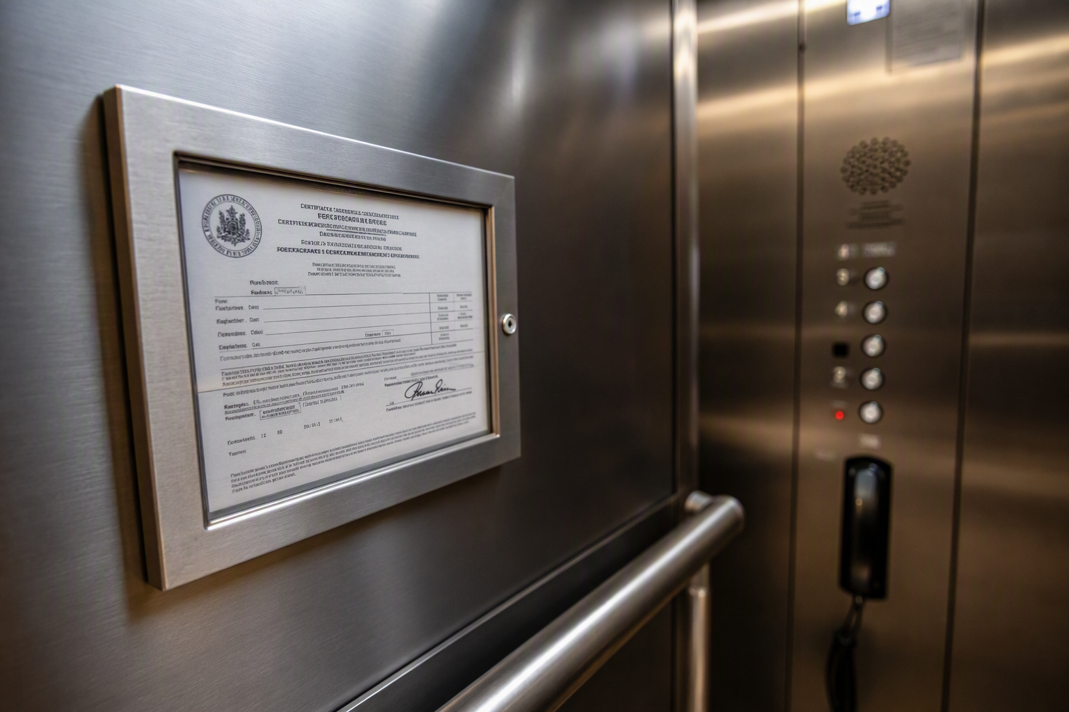 State elevator inspection certificate mounted inside a hotel elevator cab, representing ASME A17.1 and ADA compliance requirements for hospitality buildings.