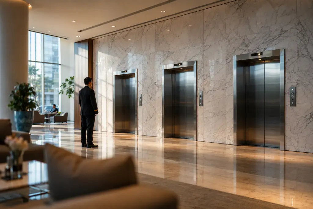 Hotel lobby elevator bank with three stainless-steel doors in a marble-clad wall, illustrating elevator safety and maintenance requirements for hospitality buildings.
