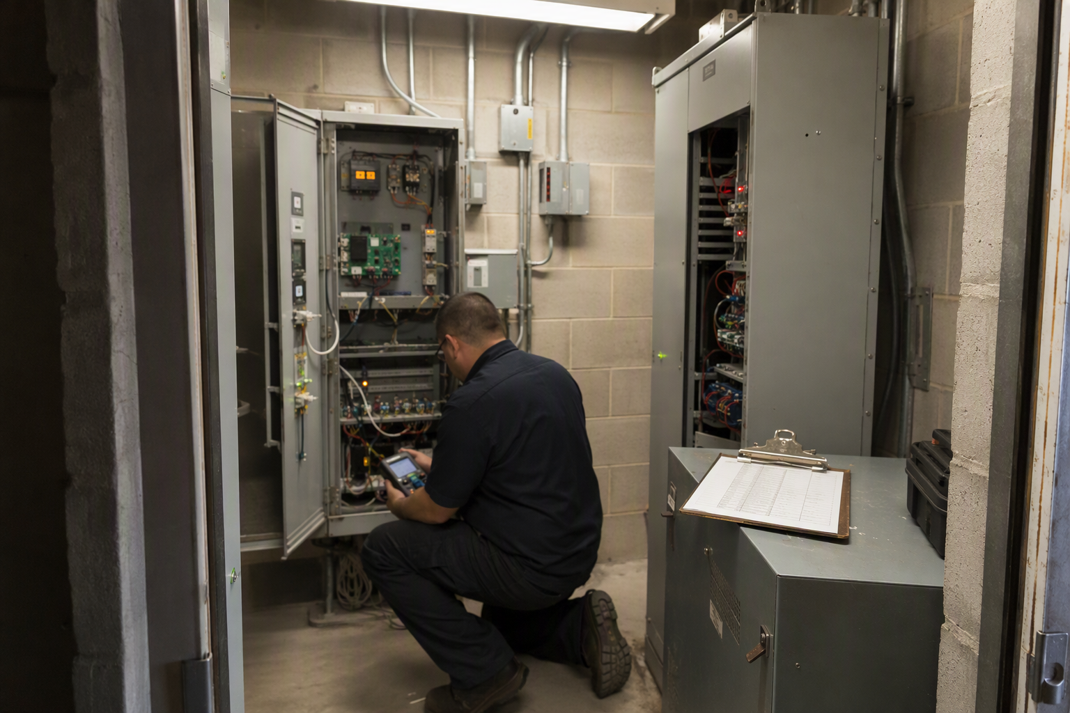 Elevator technician inspecting traction elevator controllers in a hotel machine room during a periodic maintenance visit required under ASME A17.1 safety code.