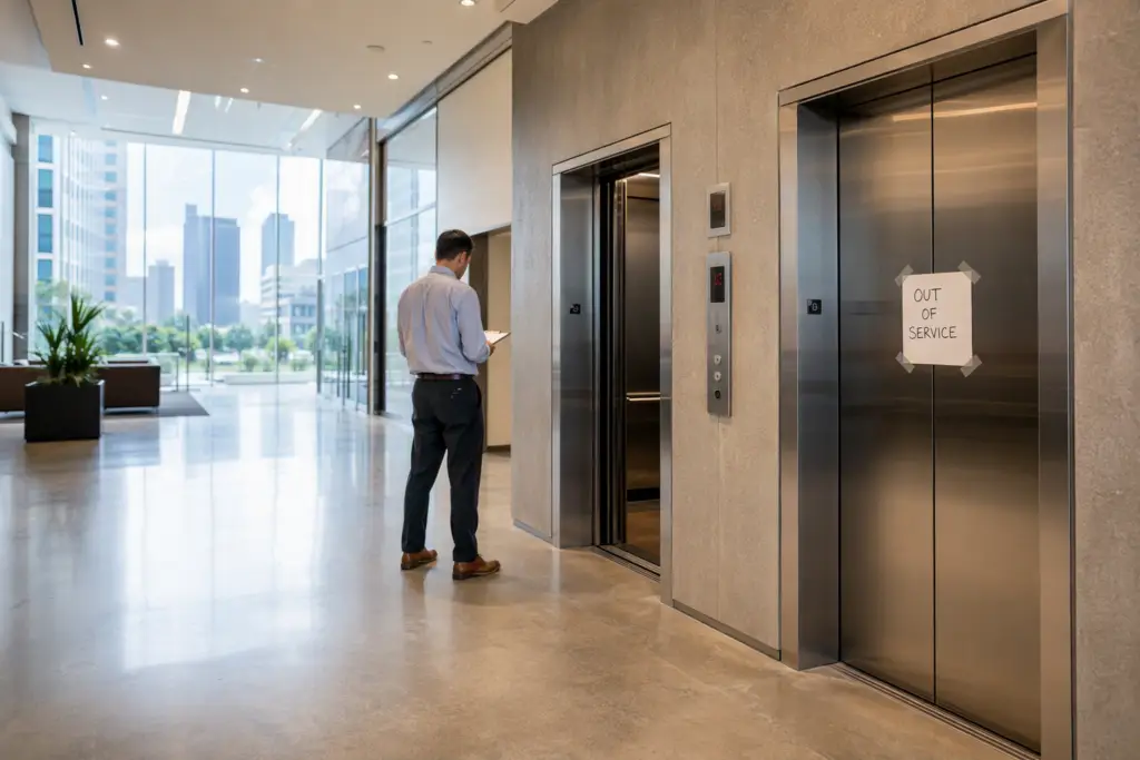 Houston office building lobby with one elevator out of service, illustrating elevator downtime cost statistics and the operational impact on commercial buildings
