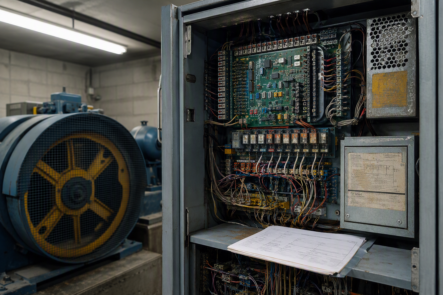 Aging elevator control cabinet in a Dallas commercial building machine room, representing parts sourcing costs and emergency repair expenses tied to elevator downtime