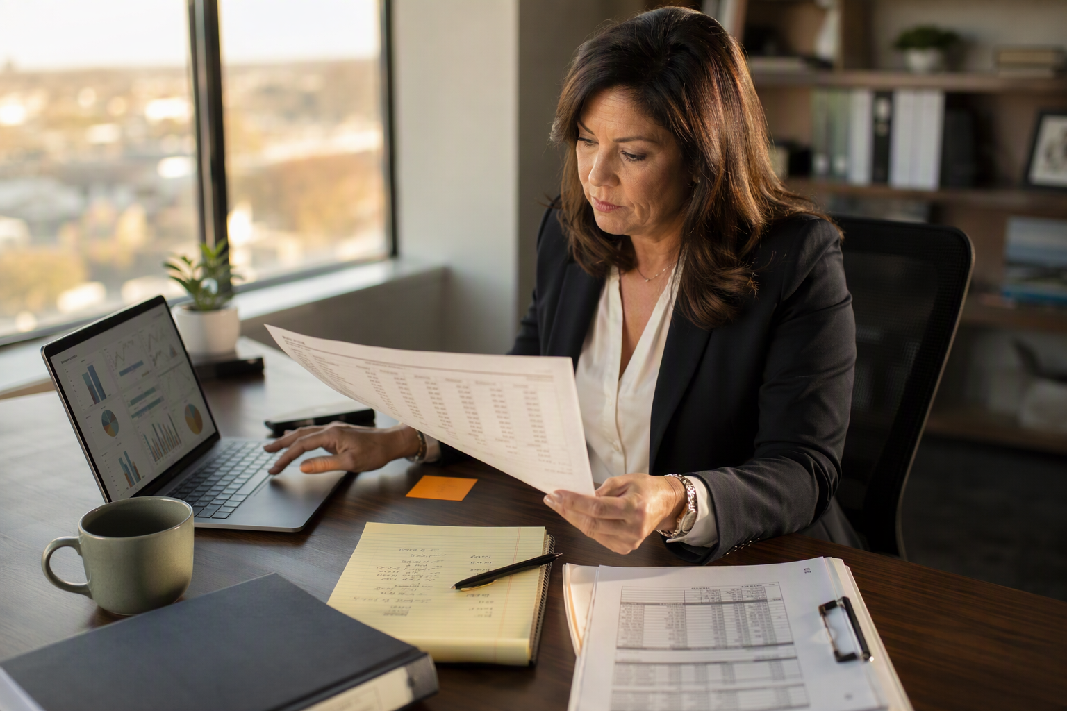 Property manager reviewing elevator downtime cost data and maintenance statistics at her desk in a San Antonio commercial office