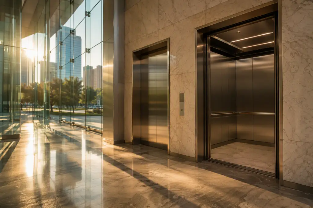 Modern Houston TX office building lobby with stainless-steel elevator doors, representing elevator service industry trends and 2025 statistics for commercial properties.