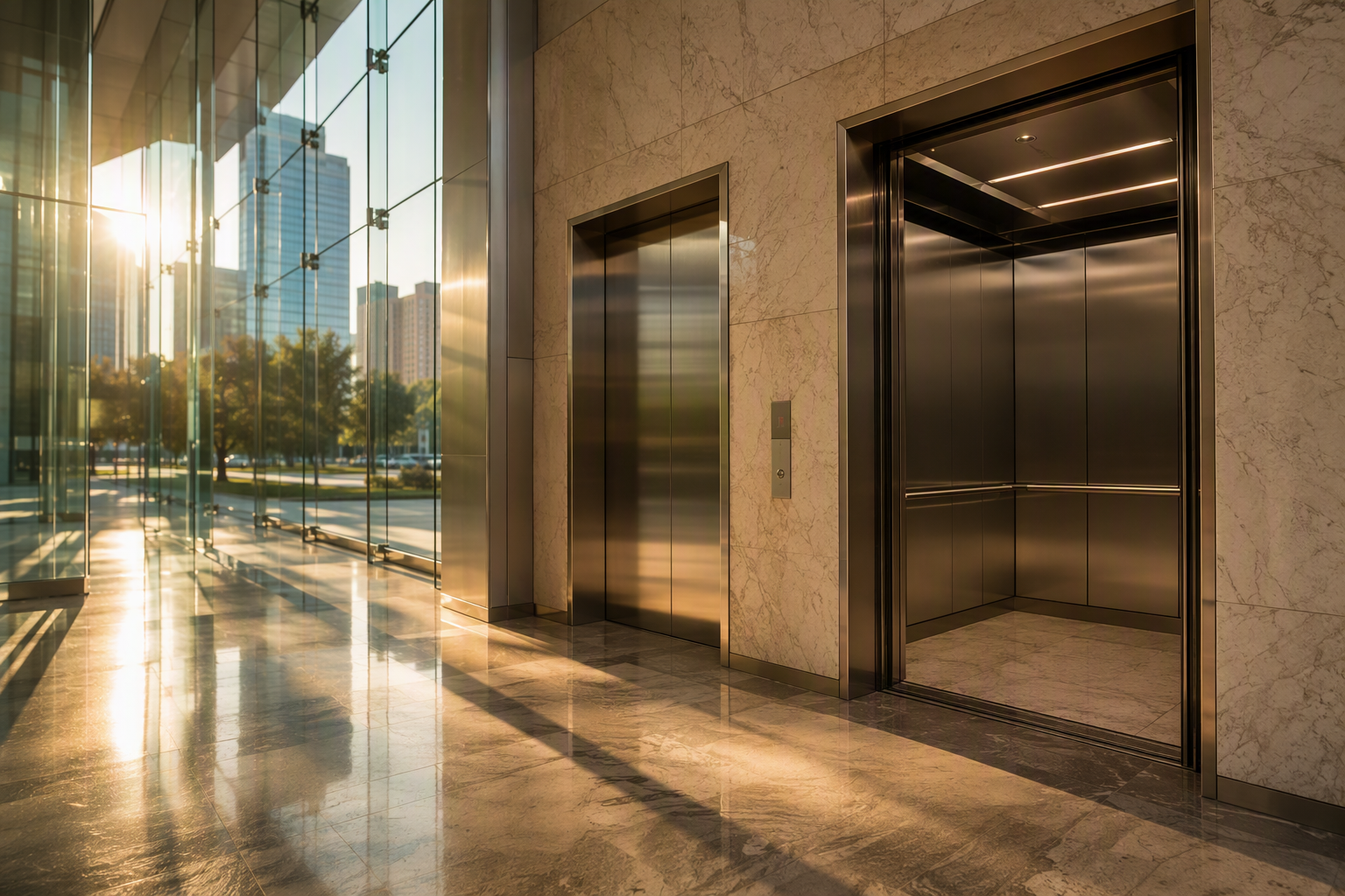 Modern Houston TX office building lobby with stainless-steel elevator doors, representing elevator service industry trends and 2025 statistics for commercial properties.
