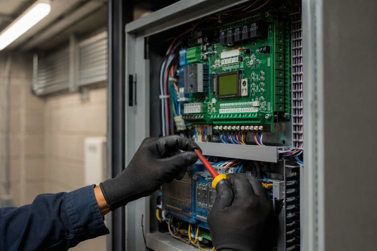 Elevator technician servicing a microprocessor controller in a Houston TX machine room, illustrating modernization trends driving 2025 elevator industry statistics.