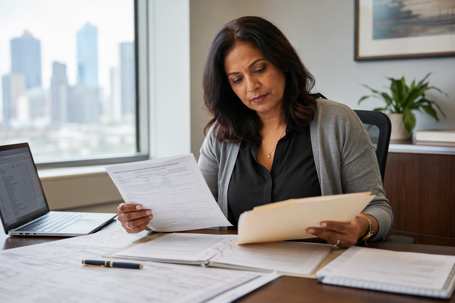 Houston building manager reviewing Texas elevator inspection certificate and ASME code compliance documents, reflecting regulatory requirements central to 2025 elevator industry statistics.