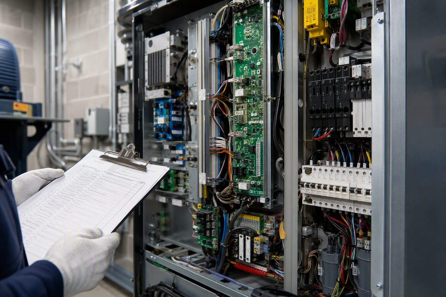 Elevator machine room controller cabinet open during ASME A17.1 compliance inspection, with technician reviewing maintenance checklist in Dallas commercial building