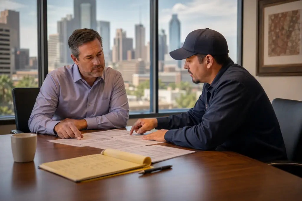 Facilities manager reviewing elevator maintenance contract with service representative at a Houston office conference table before signing agreement