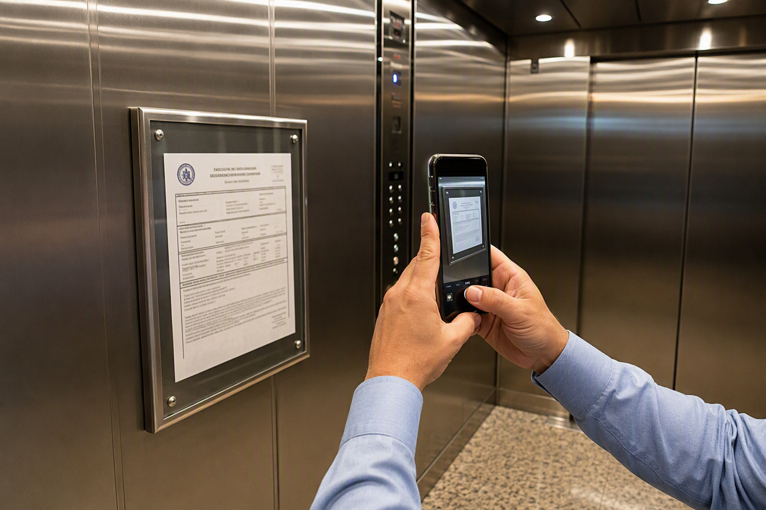 Property manager photographing state elevator inspection certificate inside residential building elevator cab in San Antonio Texas for compliance recordkeeping