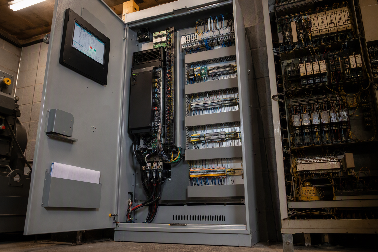 Old vs. New Elevator Controls — Machine Room Elevator machine room showing an old relay-based controller beside a new solid-state VVVF drive — a key cost factor in elevator modernization projects in Texas and California.